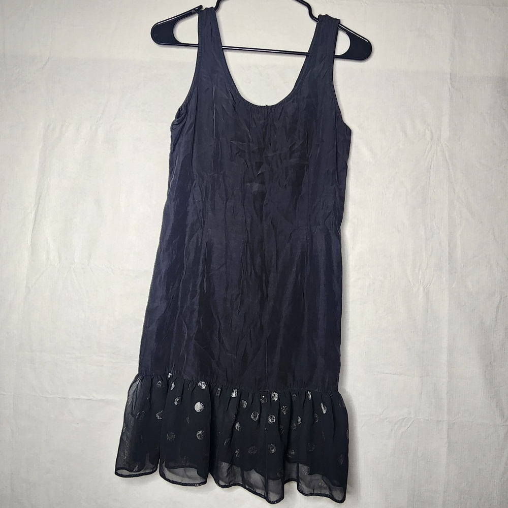 All That Jazz Black Dress Sheer Polk Dot Ruffle Zipper Back Women's Size S